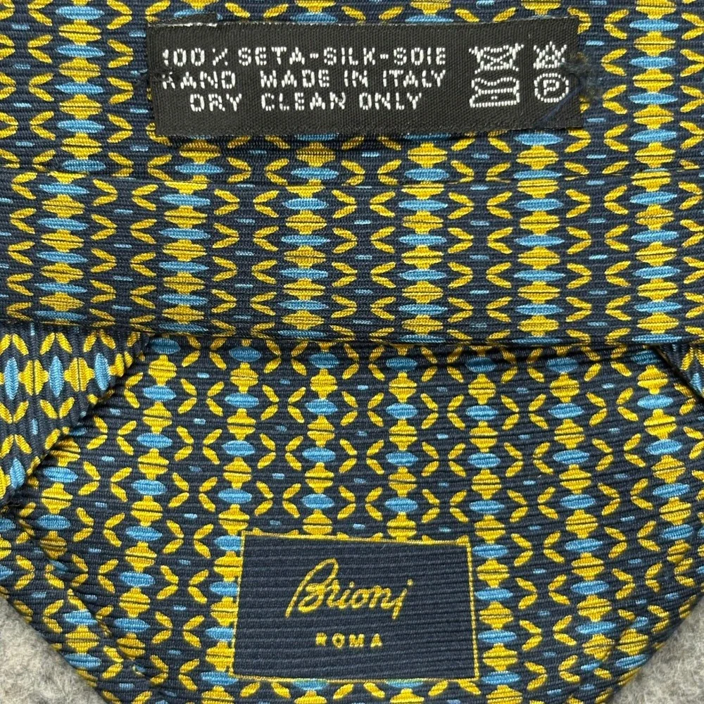Brioni 100% Silk Necktie Mens Green Yellow Geometric Handmade Italy Tie 3.75x58